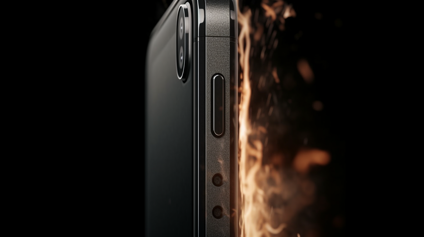 side of a titanium iphone, extreme close up shot
